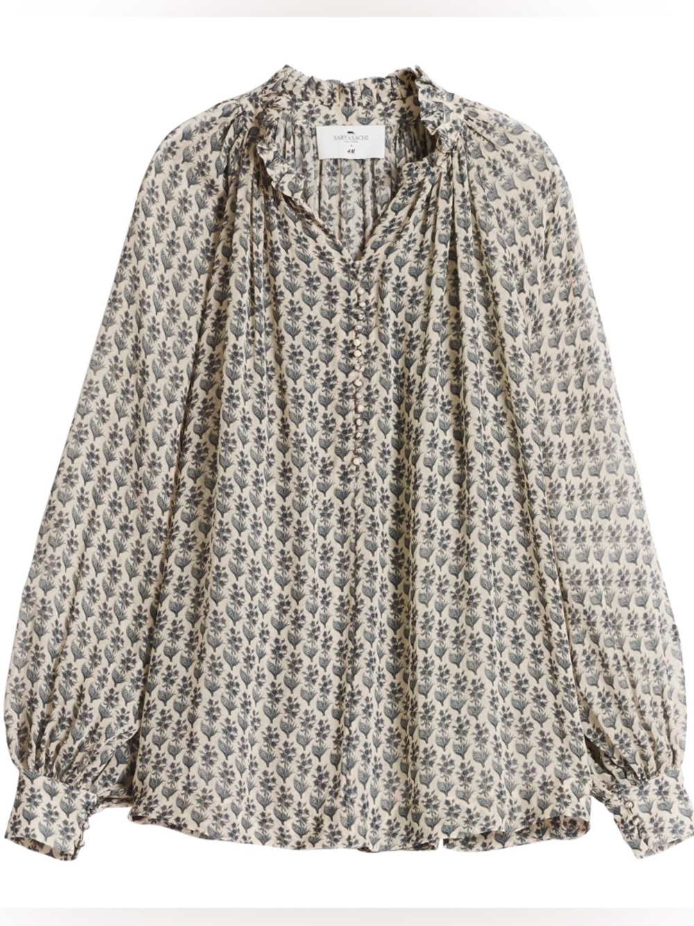 Sabyasachi X H&M Cream Blue Floral Pattern Chiffon Blouse Size M